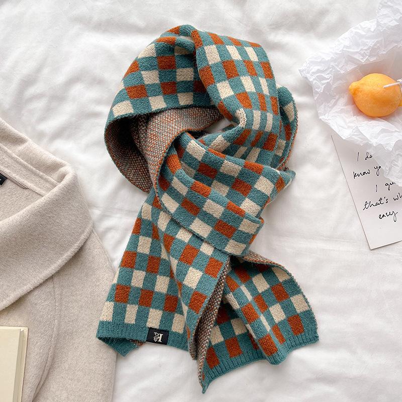 New Red Chessboard Plaid Knitted Scarf For Women And Men In Winter The Same Warm And Versatile Small Scarf