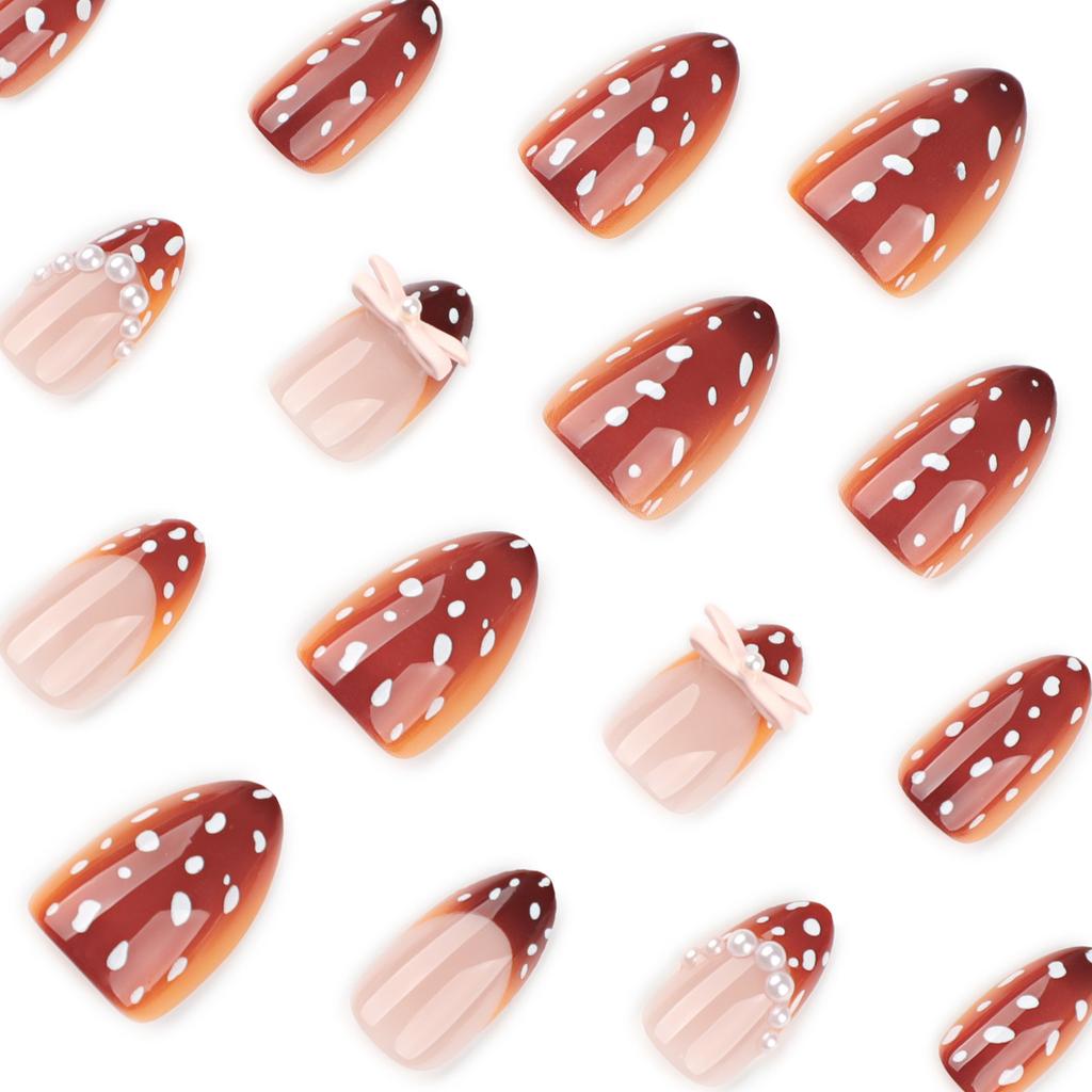 Autumn Brown Manicure Wearing Nail Piece Short Almond Nail Piece White Polka Dot Dot Fake Nail Piece