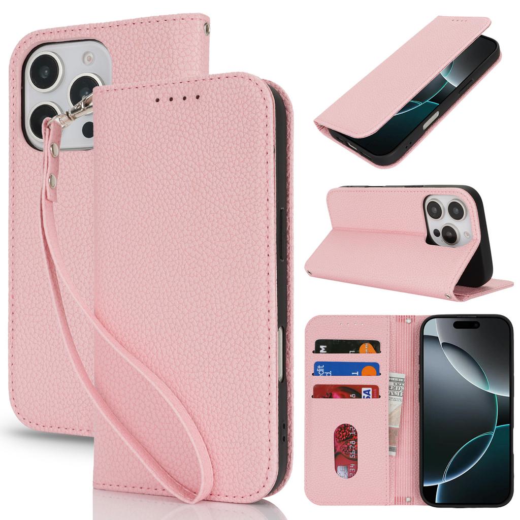 Applicable to iPhone16 mobile phone leather case 17Pro lychee pattern flip magnetic card holder portable rope 14plus