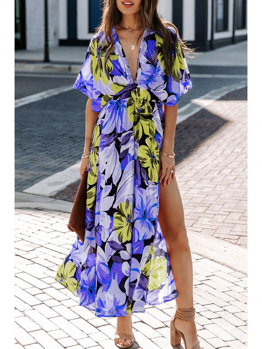 Summer 2025 Women s Fashion: Sexy High-Waisted Print Slit Dress Extra Large синий