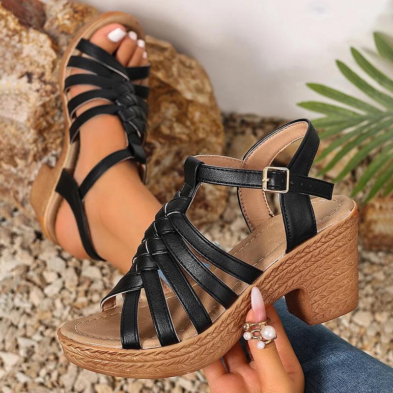Fashion Fashion Woven Straps Chunky Heel Sandals Women Summer Ankle Buckle High Heeled Rome Shoes Woman Open Toe Platform Sandles 36-42