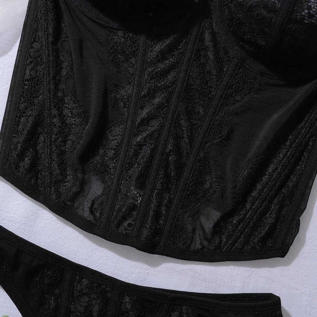Conjunto de Sujetador de Encaje Francés Sexy Malla Ultradelgado Lencería para Mujer Conjunto de Tops de Verano con Tirantes Ropa Interior Moldeadora Negra Sujetadores con Conjuntos de Tanga