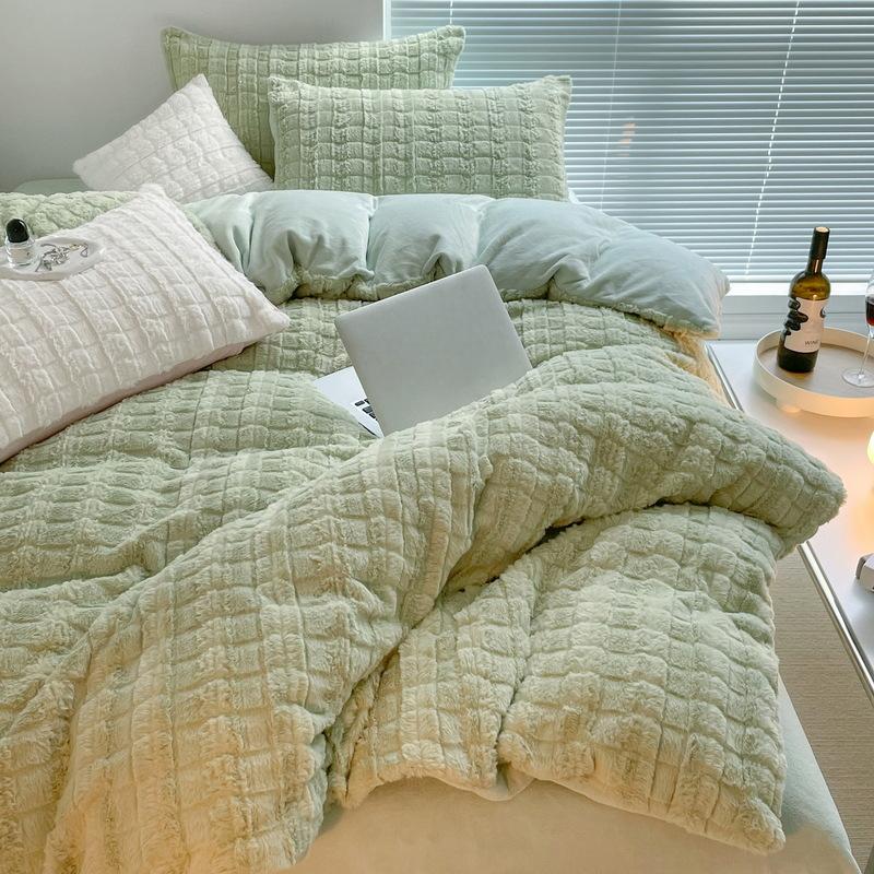 Solid Color Rabbit Hair Small Square Four-piece Set Milk Fleece Bed Sheet Thickened Quilt Cover Waffle Warm Three-piece Set