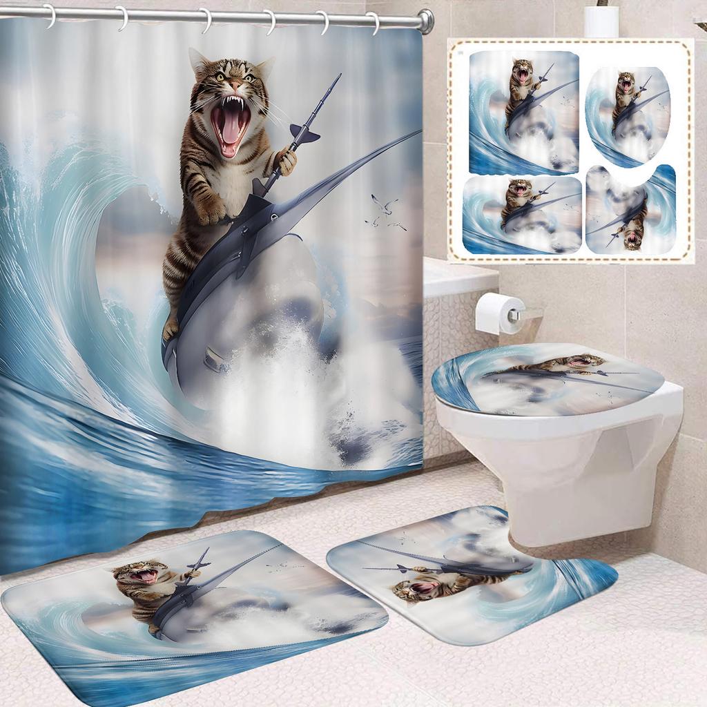 31Style 4Pcs Funny Shower Curtains Bathroom Curtain With Hooks Decor Waterproof Cat Dog 3d Bath 180*180cm Creative Personality Shower Curtain