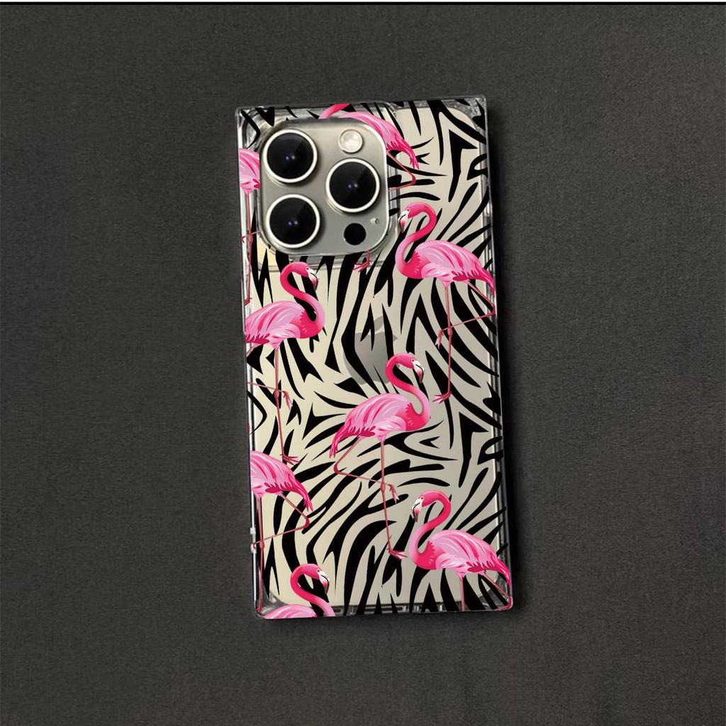 Clear Square Back Tube Case Protection For iPhone 13 11 12 15 Plus 16 ProMax 14 Pro Max Anti-Oxygen,Flamingos All Over Pattern Casing