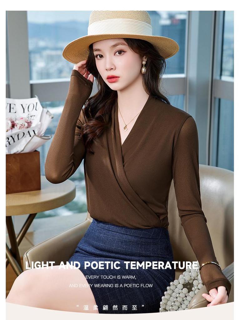 2025 Autumn Korean Style Long-Sleeve V-Neck Mesh Top for Women