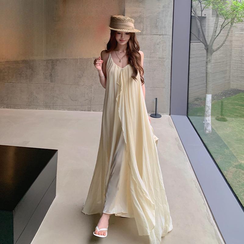 Seaside Travel Wear Apricot Neck Sling Dress Women's Summer Seaside Vacation Wind Irregular Beach Long Skirt