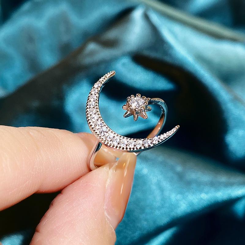 Anel Aberto Lua Crescente e Estrela em Prata de Lei S925 - Estilo Étnico