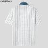 INCERUN Übergroße Herren Lapel-Kragen Kurzarm Gestreiftes Muster Patchwork Lässige Lockere T-Shirts Tops