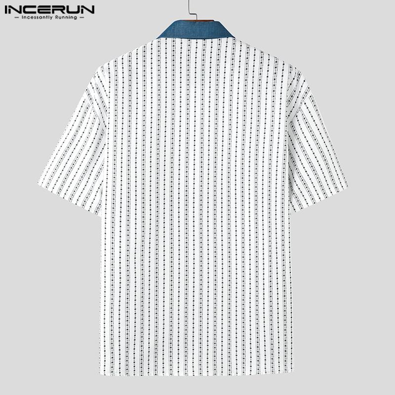 INCERUN Übergroße Herren Lapel-Kragen Kurzarm Gestreiftes Muster Patchwork Lässige Lockere T-Shirts Tops