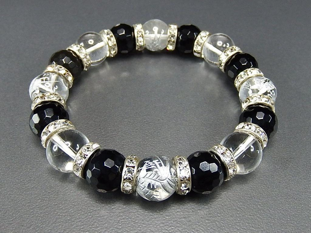 [Sekimachi] Pair of Crystal Bracelets, Wedding Gift, Natural Stone, Good Luck, Rising Dragon, Hand-Carved Onyx, 128 Facets, 10mm and 12mm, Prayer