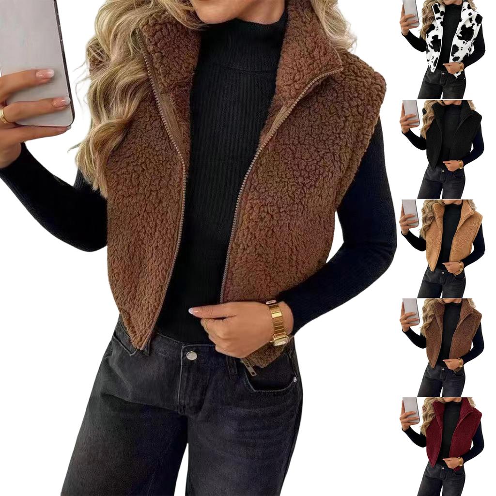 Damen Mode Ärmellos Reißverschluss Plüsch Weste Kurze Strickjacke Jacke Farbdruck