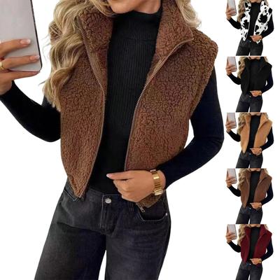 Damen Mode Ärmellos Reißverschluss Plüsch Weste Kurze Strickjacke Jacke Farbdruck