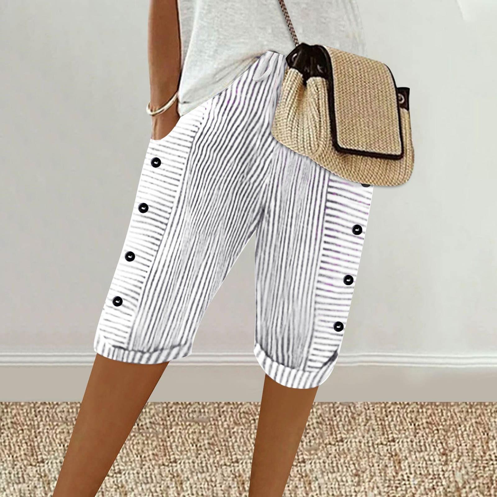 

Женские повседневные полосатые брюки с принтом на боковой пуговице, модные пять брюк, свободные прямые брюки с эластичной резинкой на талии и удобными карманами S белый