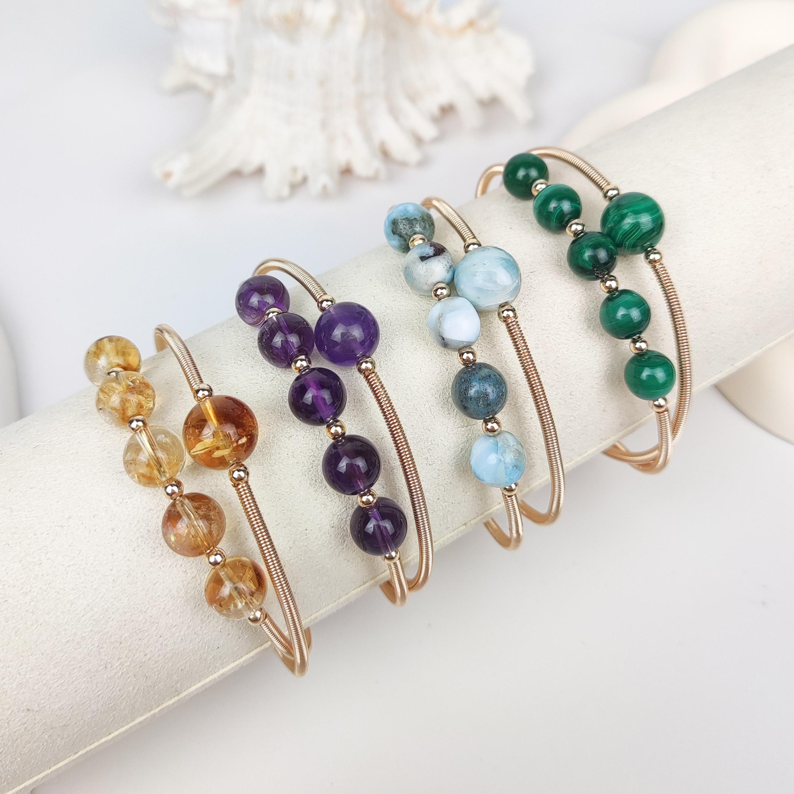 Latest Design Natural Gemstone Beads Cuff Bracelet Handmade Larimar Jewelry Real Moonstone Malachite Citrine Bangle for Girl A-apatite&adjustable