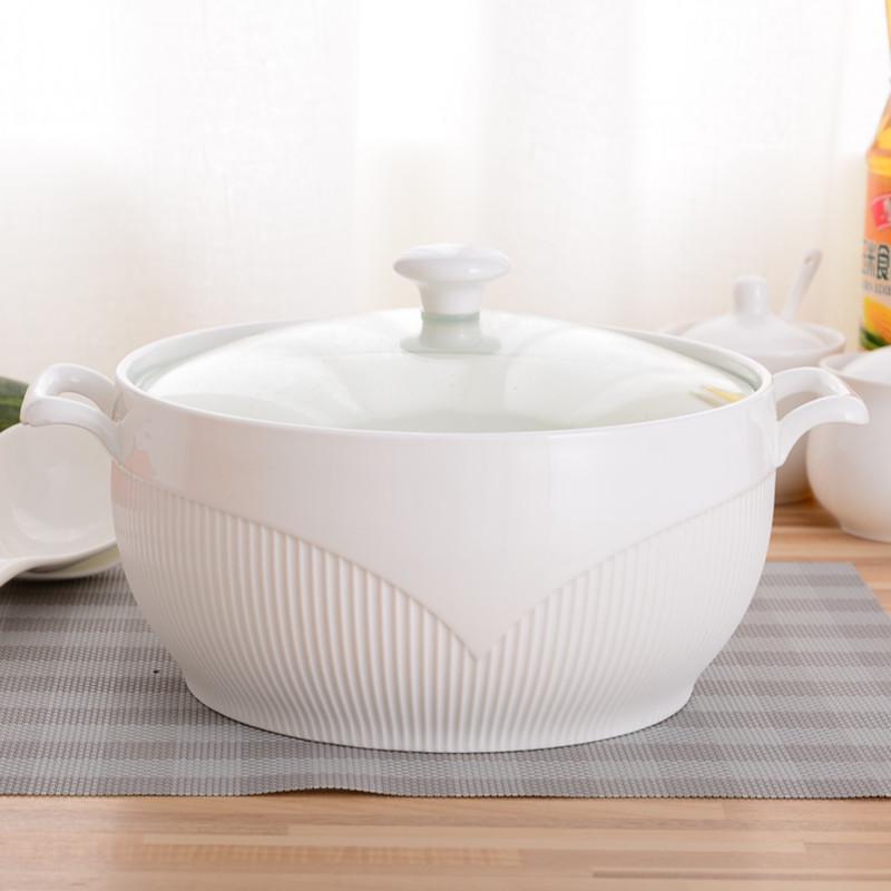 Embossed White Ceramic Soup Pot with Lid - Large Bone China Bowl Gift Set No