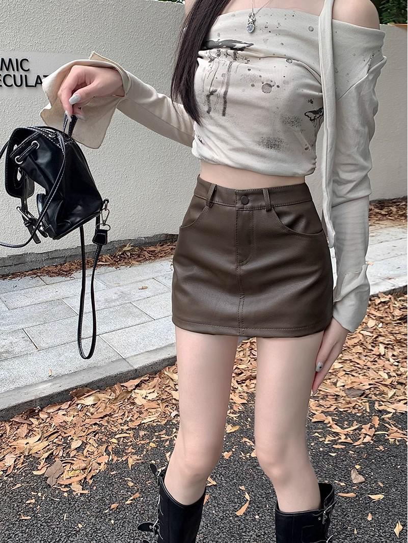 

Мини-юбка А-силуэта с высокой талией для женщин Meilaide - Коричневая кожа, Лето 2024 M коричневый