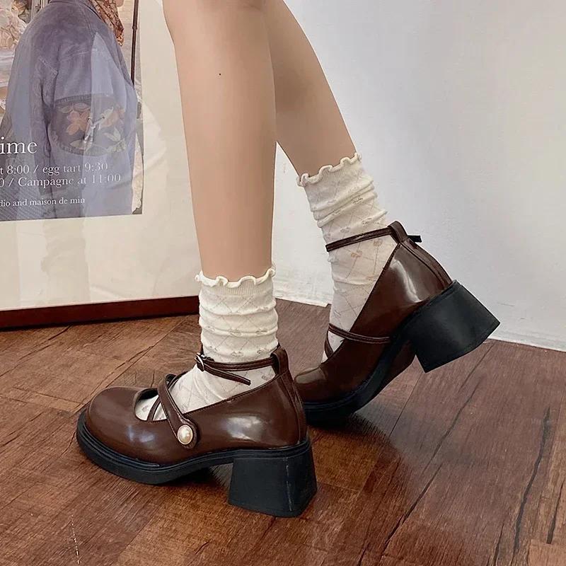Retro Brown  Shoes Women Thick Heels Ankle Buckle Lolita Shoes Woman Uniform Pu Leather Student Shoes Female