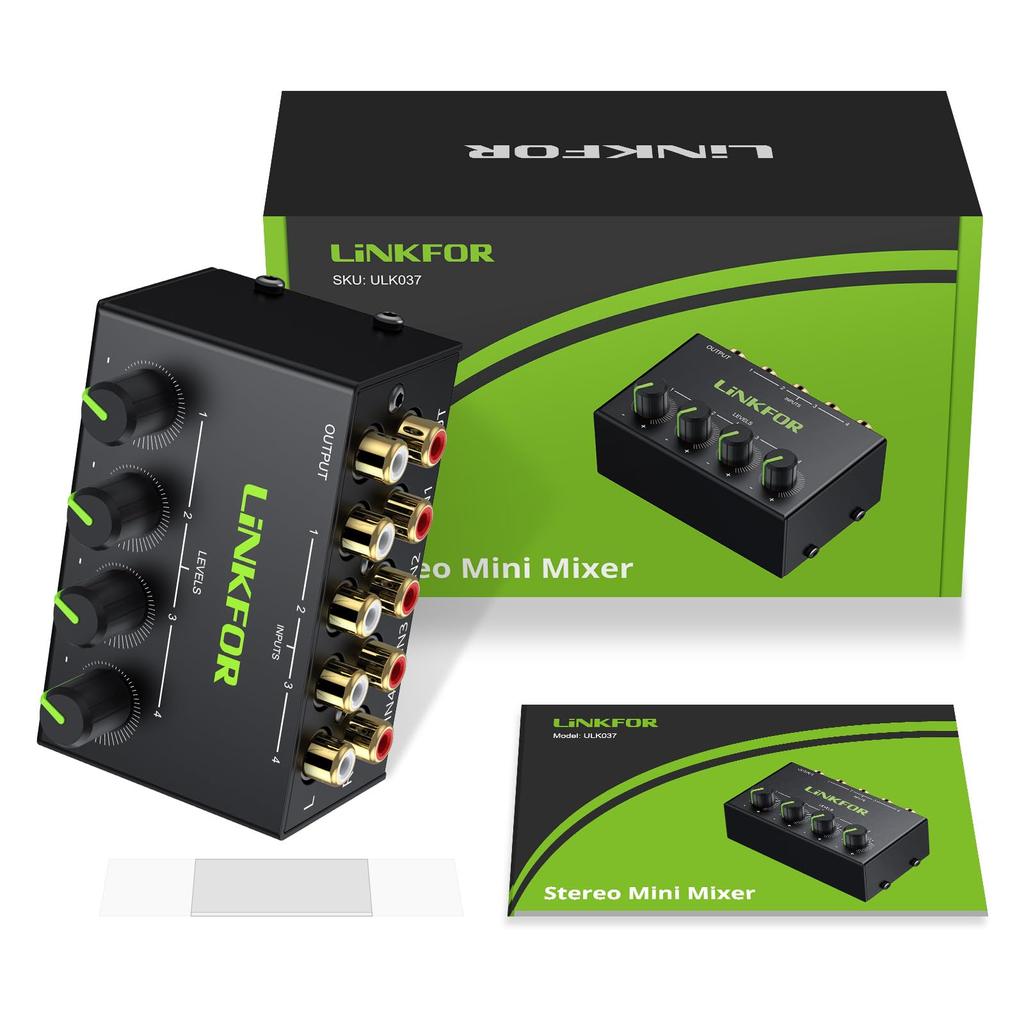 LiNKFOR Stereo Mini Mixer, RCA, 4-Channel Passive Mixer with Adjustable Volume, Metal Shell, Compatible with CD Players, Tape Players, Computers,