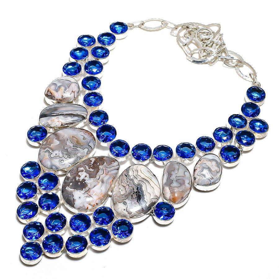 

Crazy Lace Agate, Blue Topaz 925 Sterling Silver Jewelry Necklace 18 SU-9746