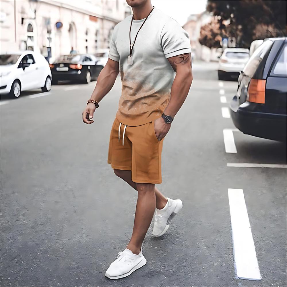 Men Summer Sets T Shirt Shorts 2 Piece Outfits Mesh Workout Tracksuits Oversized T-shirts Suits Print Sportswear Men's Clothing