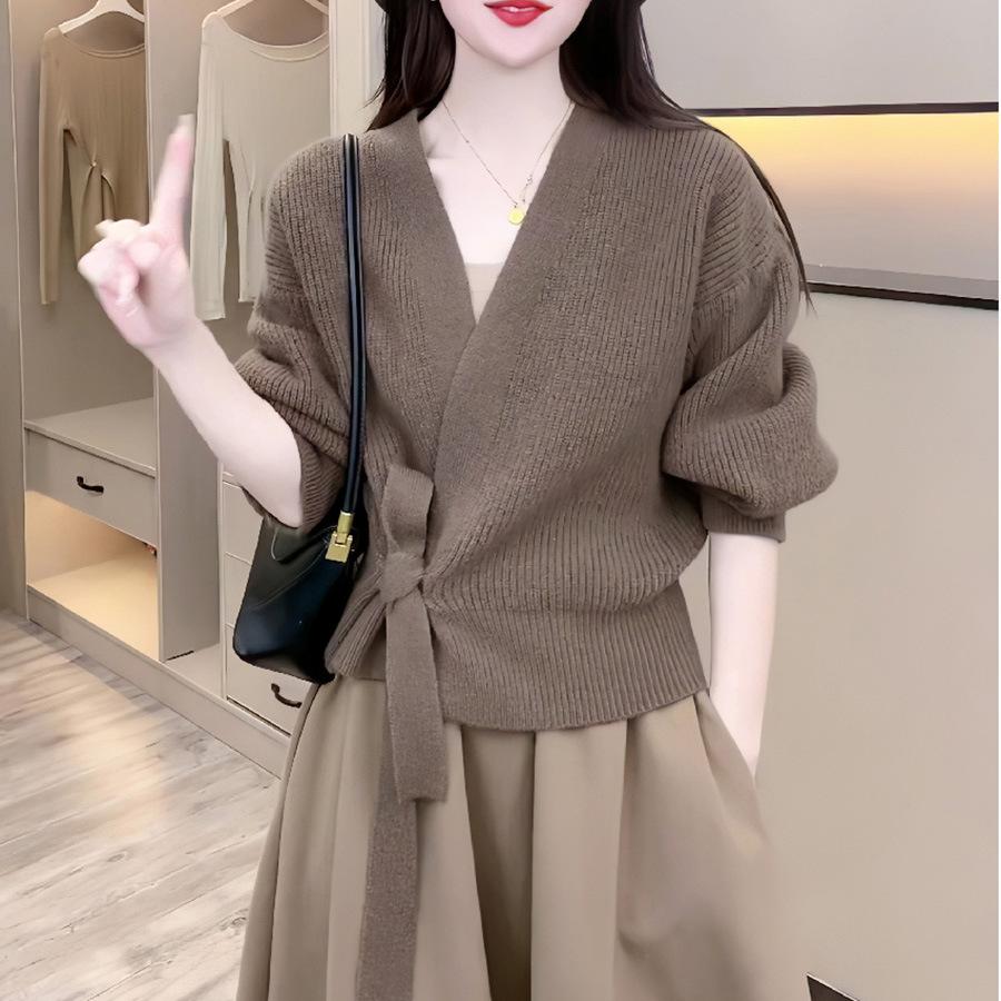 Advanced Sweater Knitwear Women Knitted Cardigan Fall Winter Tie V-neck Sweet Short Long-sleeved Knitted Tops