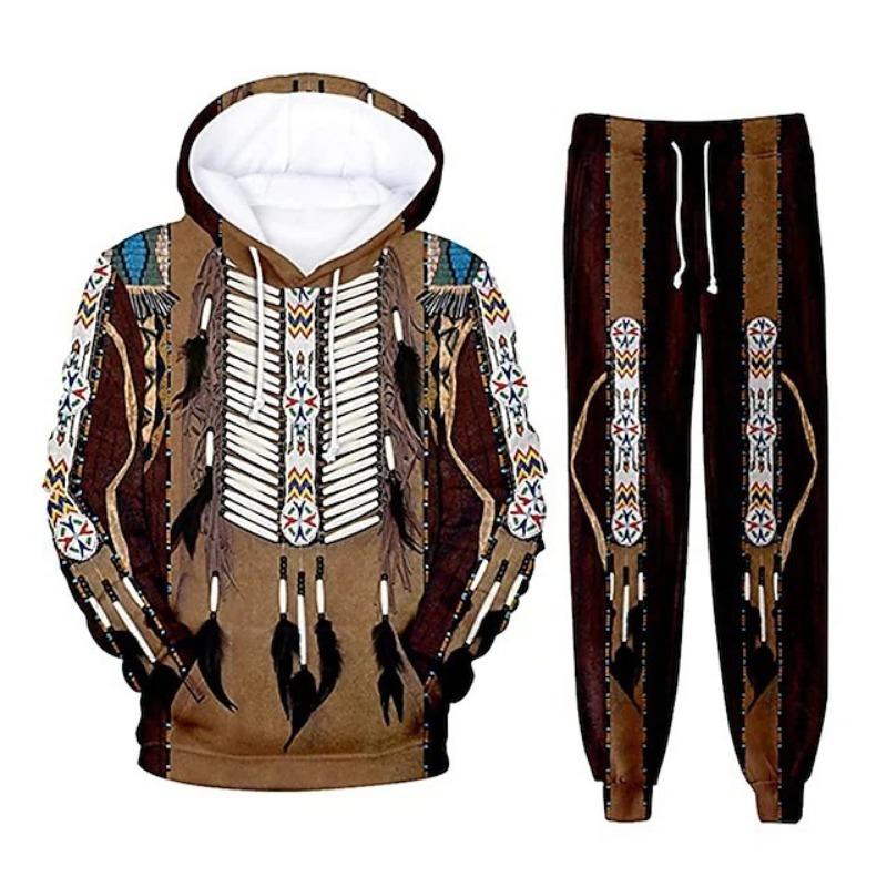 Indian Ethnic Style 3D Print Hoodies Pants Sets Men Fashion Sweatshirts Hoodie Sweatpants Two Piece Suits Tracksuit Man Clothing