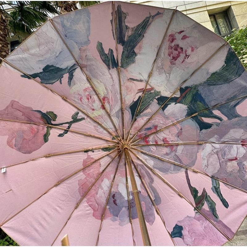 New creative three-fold 16-bone titanium hand-opened umbrella retro solid wood handle parasol sun umbrella