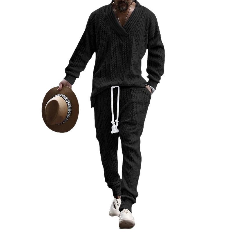 Mens V-Neck Jacquard Knit Sweater Casual Pants Set Outfit Teens Young Adults