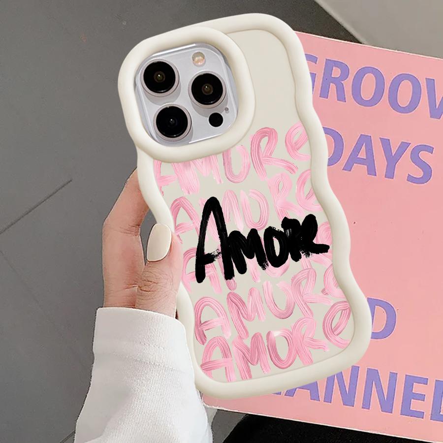 Amore-Love Pink Letter Case for iPhone 12 15 Plus 11 8 16 Pro Max XR 13 17 Air 14 Soft Phone Cover