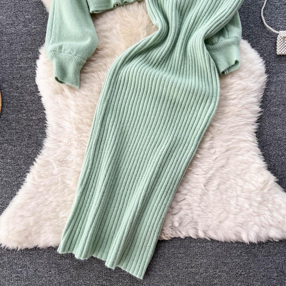 New Autumn Vintage Knitted Sweater Two Piece Set Beading Pullover Top And Spaghetti Strap V-neck Sheath Bodycon Dresses Suit