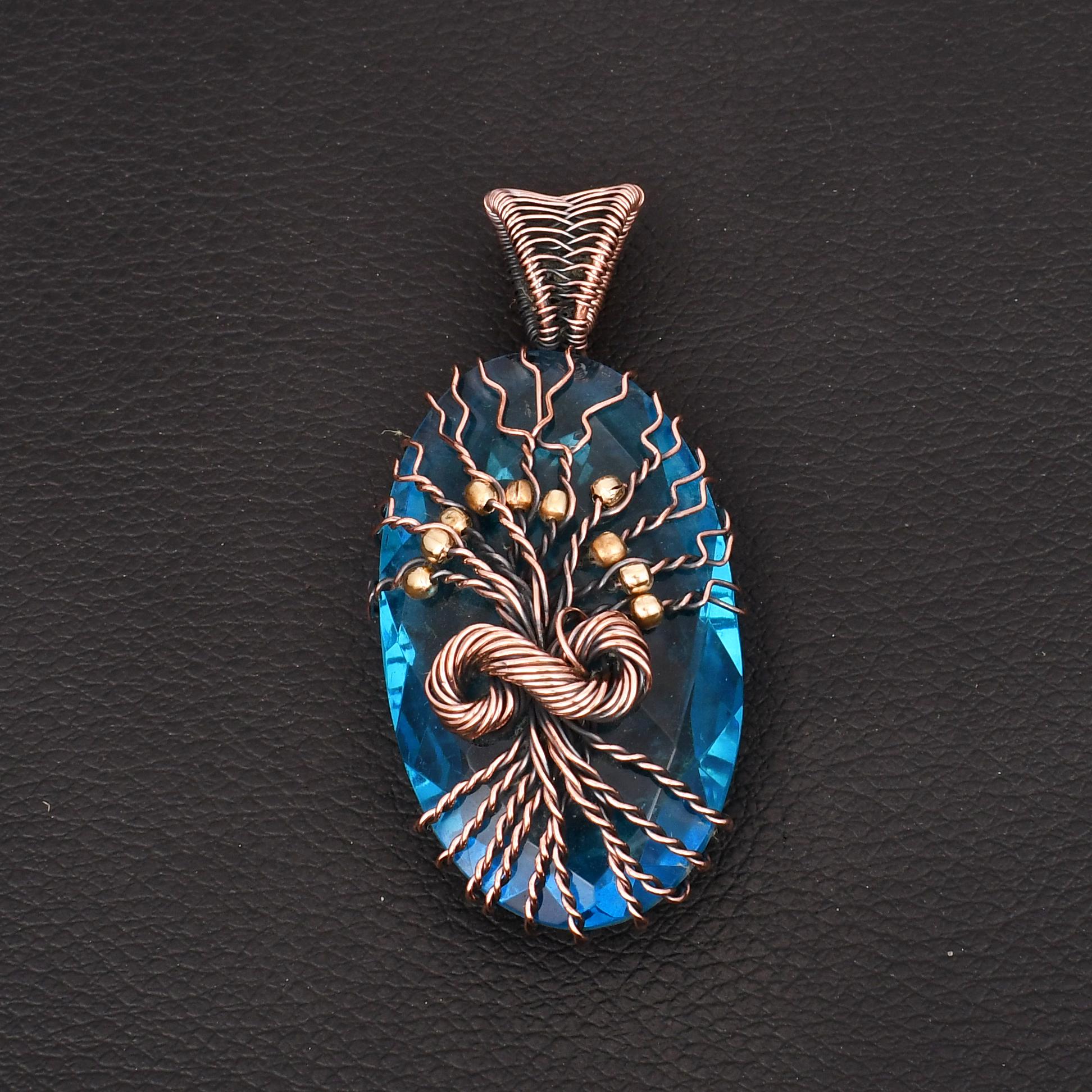Handcrafted Wire Wrapped Jewelry Blue Topaz Gemstone Tree of Life Pendant Unique Copper Weaving Amulet Necklace