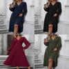 Polyester V Neck Lantern Sleeve Pleated A Line Dress For Autumn Winter Fashion