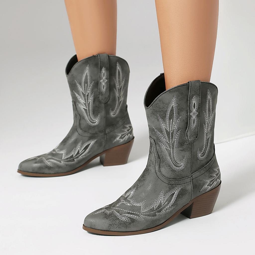 Cowboystiefel Damen Stickerei Western Cowgirl Stiefeletten Knöchel Schlupf Chunky Heel Schuhe für Country Konzert Disco Outfits
