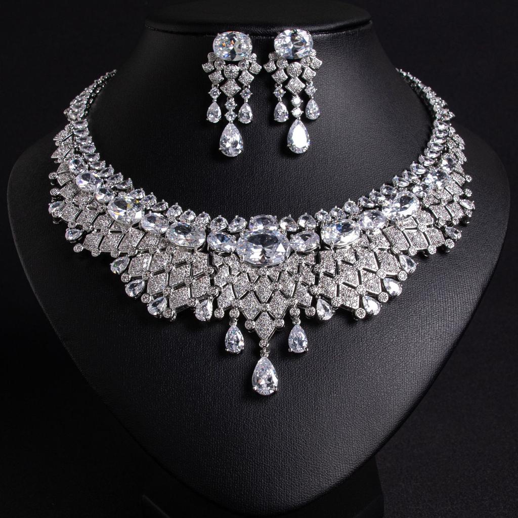 Brilliant Ripple Tassel Zirconia Confidence Women Necklace Earrings Jewellery Set Evening Bridal Wedding Dress Accessories M-291