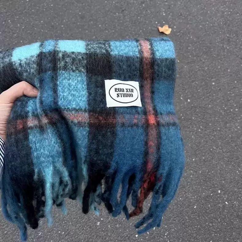 New Icelandic Blue Plaid Scarf Women's Winter Mohair High-end Sense White Warm Shawl Student Thickened Scarf