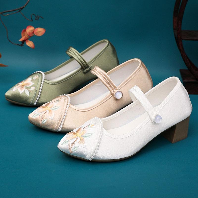 Pantofi cu toc înalt pentru femei Pantofi noi Mary Jane Pantofi casual din pânză de bumbac cu flori brodate de lux Eleganți cu vârf ascuțit, cu toc pătrat, pantofi cu toc