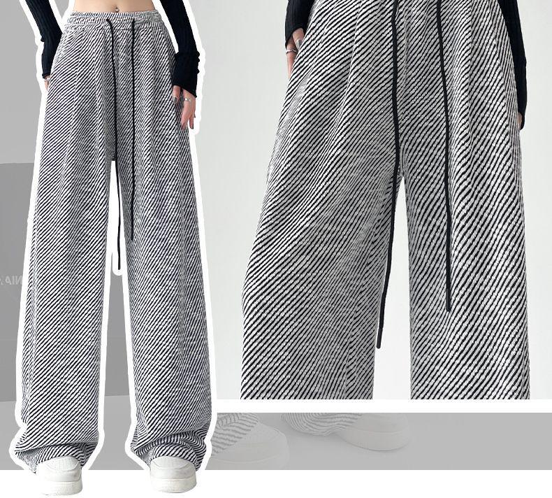 Black & White Striped Silk Wide-Leg Pants - Women's Autumn Winter Casual Floor-Length Style
