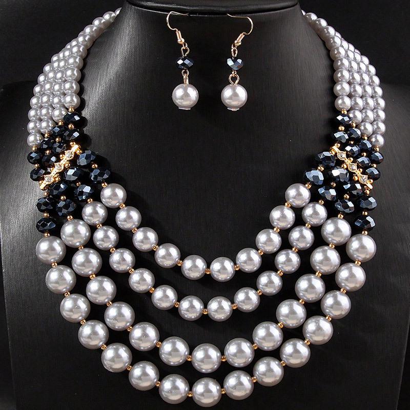 Модный этнический жемчужный набор украшений: ожерелье и серьги серый