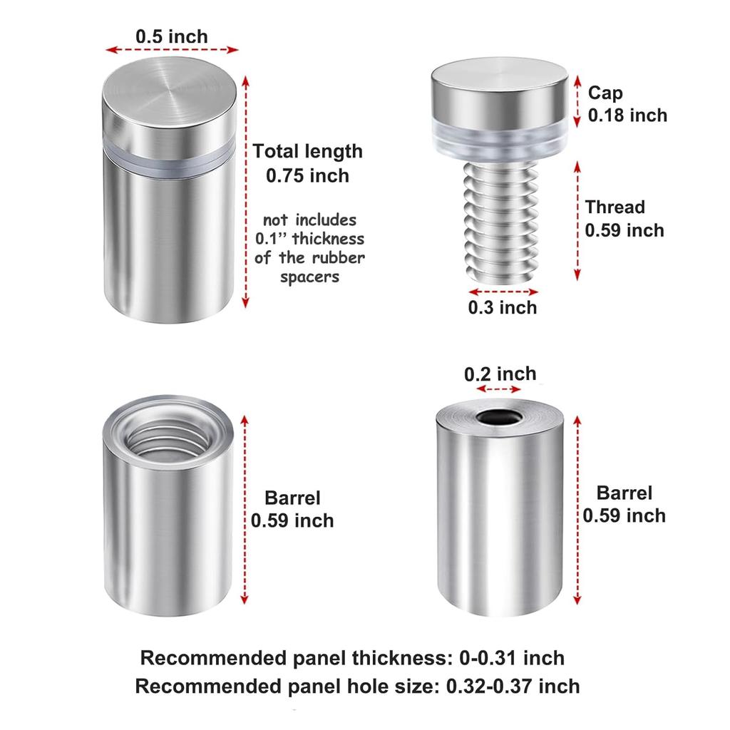 Standoff Screws 1/2 x 3/4 Inch 20 Pack Sign Standoffs 0.5 Inch Stainless Steel Stand Off Wall Mounts Advertising Screws Mounting Hardware for Acrylic