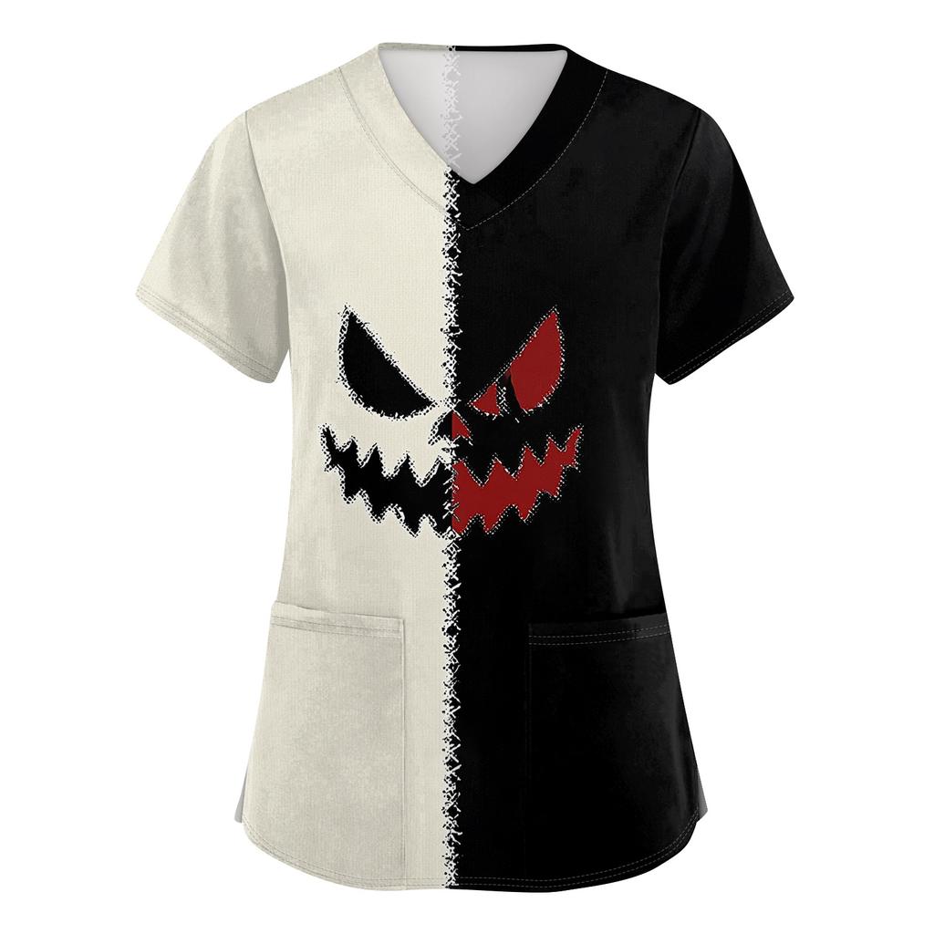 Women's Short-sleeved Halloween Print V-neck Pocket Protective Work Shirt