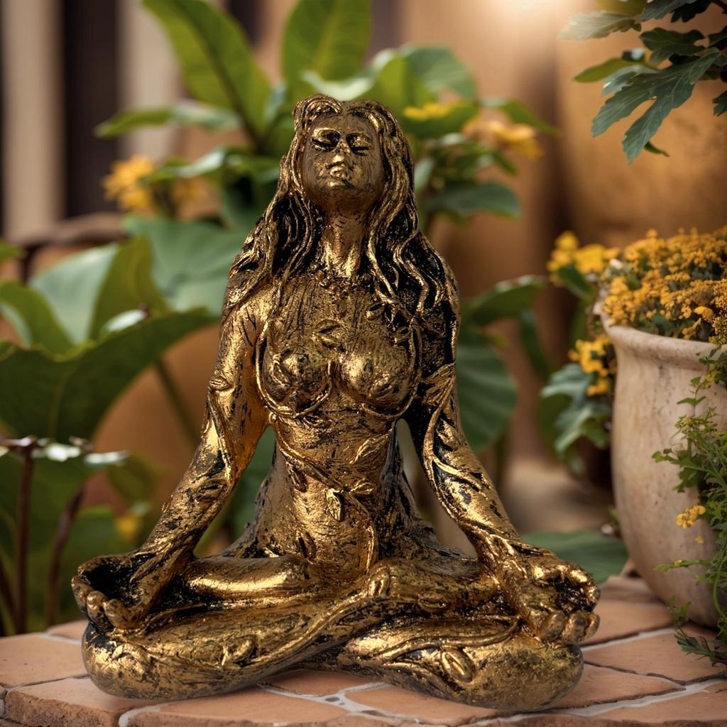 1 Piece of Mother Earth Gaia Golden Statue Ornament, Meditation Sitting Posture, Living Room Study Zen Space, Home Soft Decoration Art Decoration