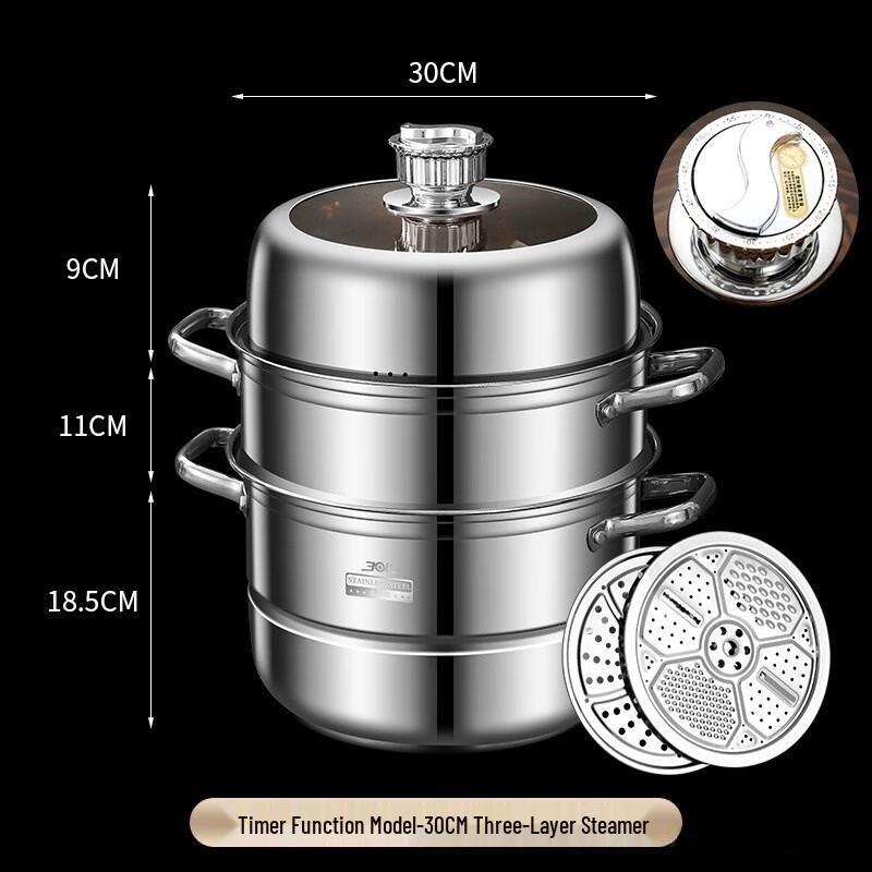 Lilang 304 Stainless Steel 3-Tier Steamer Pot with Timer, 30cm