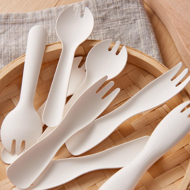 Eco-Friendly Disposable Cutlery Set: Fork, Knife, Cake Fork, Dessert Spoon, and Ice Cream Spoon.