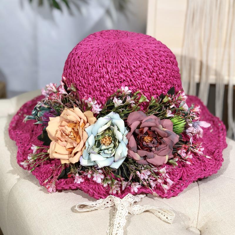 Handwoven Hollow Rose Flower Straw Hat Female Summer Small Fresh Pastoral Lace Strap Big Eaves Beach Hat