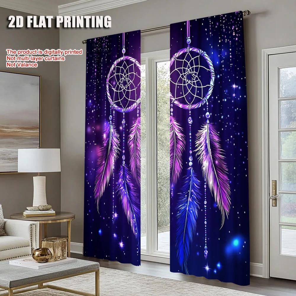 2Pcs Purple Dreamcatcher Feather Digital Printed Window Curtain Suitable For Living Room Bedroom Study Home Decoration Rod