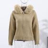 Long-sleeved Fur Collar Hooded Sweater Autumn and Winter Inner and Outer Wear Dual-purpose Ladies Solid Color Zipper Blouse Slim Knit Ladies Cardigan