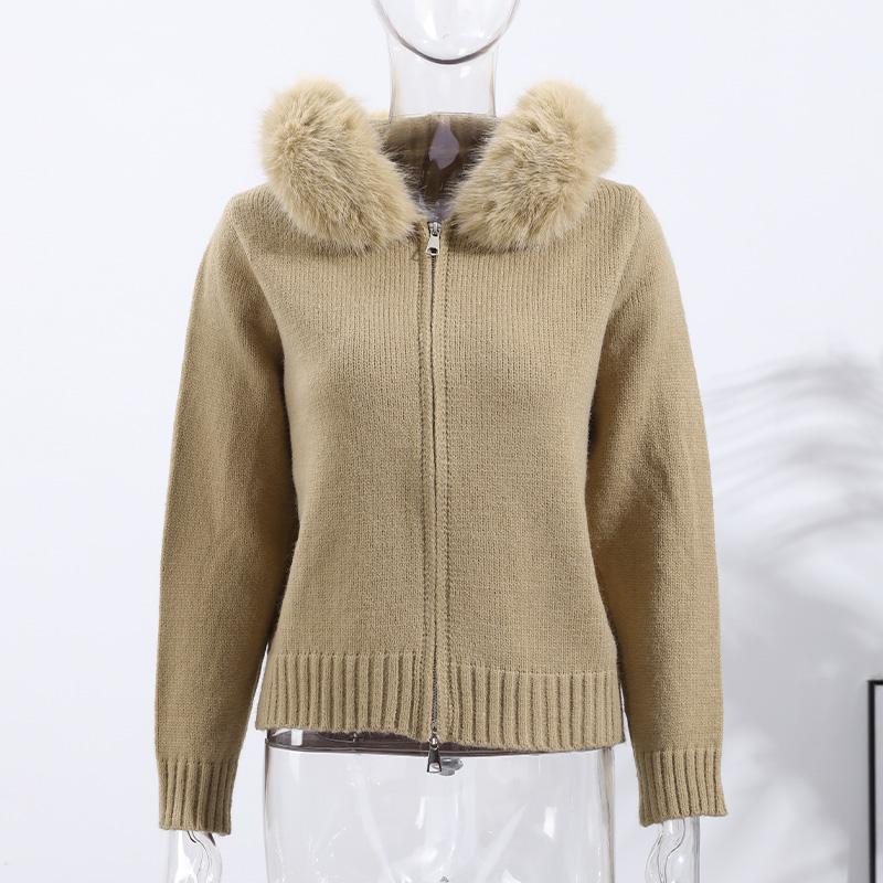 Long-sleeved Fur Collar Hooded Sweater Autumn and Winter Inner and Outer Wear Dual-purpose Ladies Solid Color Zipper Blouse Slim Knit Ladies Cardigan