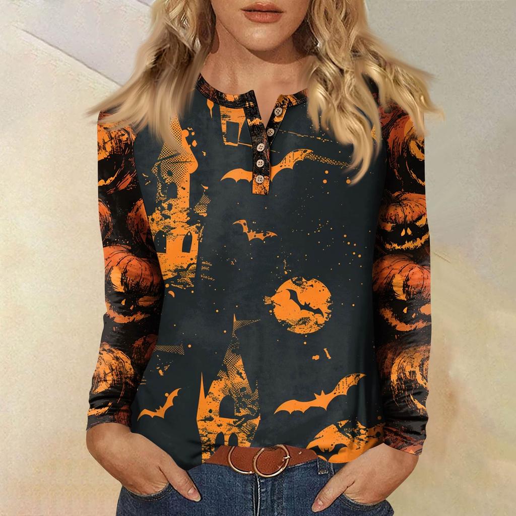 Women's T Shirt Print Long Sleeve Daily Fashion Basic Round Neck Button Raglan Sleeve Top