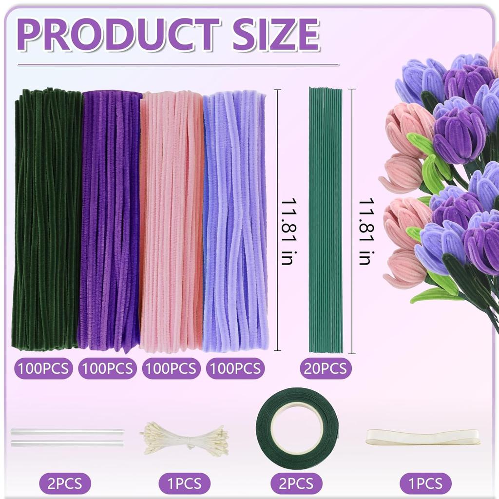 400 Pcs Pipe Cleaners Craft,4 Assorted Colors Pipe Cleaners Bulk, Chenille Stems for DIY Flower Making Kit with Floral Wires, Gardening Tape,(Purple)